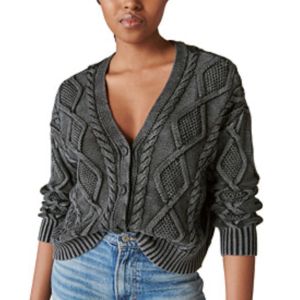 Lucky Brand Charcoal V-Neck Cable Knit Sweater Sz Medium